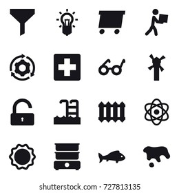 16 vector icon set : funnel, bulb, delivery, courier, around gear, windmill, unlock, pool, radiator, fish, spot
