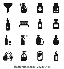 16 vector icon set : funnel, cleanser, pills bottle, wine, sprayer, shampoo, dish cleanser, liquid soap, cleanser powder, toilet cleanser