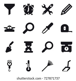 16 vector icon set : funnel, alarm clock, pencil wrench, pencil, scales, measuring tape, construction, kitchen scales, handle scales, thermometer, rake, scoop