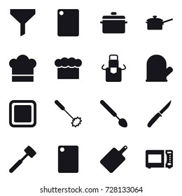 16 vector icon set : funnel, cutting board, pan, saute pan, cook hat, chef  hat, apron, cook glove, whisk, big spoon, knife, meat hammer