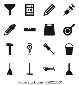 16 vector icon set : funnel, abacus, pencil, level, cutting board, pan, handle scales, bucket, broom, rake, blower, plunger