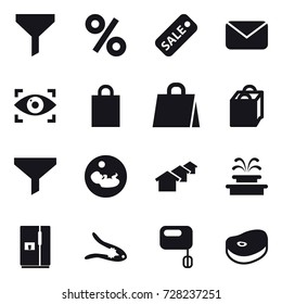 16 vector icon set : funnel, percent, sale, mail, eye identity, shopping bag, houses, fountain, fridge, walnut crack