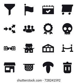16 vector icon set : funnel, flag, calendar, delivery, core splitting, group, medal, school, japanese house, greenhouse, vip fence, shop, colander, trash bin