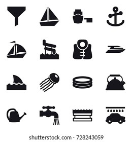 16 vector icon set : funnel, boat, sail boat, aquapark, life vest, yacht, shark flipper, jellyfish, inflatable pool, kettle, watering can, water tap, sponge, car wash