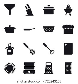 16 vector icon set : funnel, stands for knives, pan, bbq, kolander, chef  hat, apron, whisk, cutting board