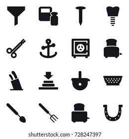 16 vector icon set : funnel, scales weight, nail, safe, toaster, stands for knives, kolander, big spoon, big fork, horseshoe