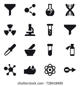 16 vector icon set : funnel, molecule, round flask, dna, nuclear, microscope, vial
