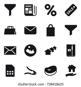 16 vector icon set : funnel, newspaper, percent, sale, shopping bag, mail, houses, fridge, walnut crack, housing