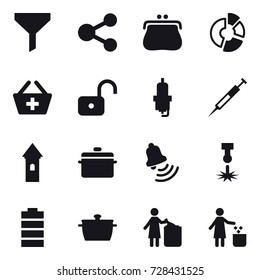 16 vector icon set : funnel, share, purse, circle diagram, add to basket, unlock, spark plug, tower, pan, bell, garbage bin