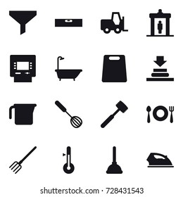 16 vector icon set : funnel, level, detector, atm, bath, cutting board, measuring cup, whisk, meat hammer, fork, thermometer, plunger, iron