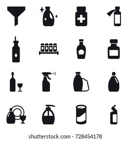 16 vector icon set : funnel, cleanser, pills bottle, wine, sprayer, shampoo, dish cleanser, liquid soap, cleanser powder, toilet cleanser