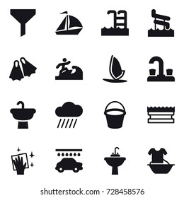 16 vector icon set : funnel, sail boat, pool, aquapark, flippers, surfer, windsurfing, water tap, rain cloud, bucket, sponge, wiping, car wash, water tap sink, handle washing