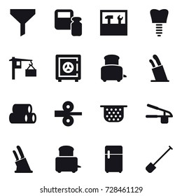 16 vector icon set : funnel, scales weight, tools, safe, toaster, stands for knives, colander, garlic clasp, knife holder, shovel
