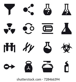 16 vector icon set : funnel, molecule, round flask, flask, nuclear, quantum bond, nanotube, fertilizer, washing powder, toilet cleanser