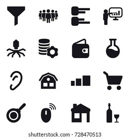 16 vector icon set : funnel, team, diagram, presentation, virus, virtual mining, wallet, house, cart, pan, wine
