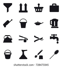 16 vector icon set : funnel, suitcase iocn, suitcase, bucket, pan, kettle, garlic clasp, pruner, water tap, plunger, toilet brush, duster