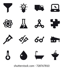 16 vector icon set : funnel, bulb, truck, notebook, atom, flask, spinner, puzzle, house with garage, thermometer, drop, bath, water tap sink