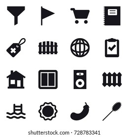 16 vector icon set : funnel, flag, cart, copybook, fence, home, power switch, speaker, radiator, pool, eggplant, duster