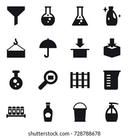 16 vector icon set : funnel, round flask, flask, cleanser, measuring cup, bucket, liquid soap
