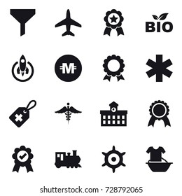 16 vector icon set : funnel, plane, medal, bio, rocket, crypto currency, university, train, handwheel, handle washing