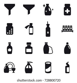 16 vector icon set : funnel, cleanser, pills bottle, shampoo, dish cleanser, liquid soap, cleanser powder, toilet cleanser