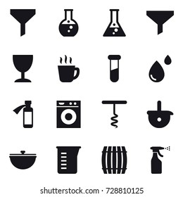 16 vector icon set : funnel, round flask, flask, wineglass, hot drink, washing machine, corkscrew, cauldron, measuring cup, barrel, sprayer