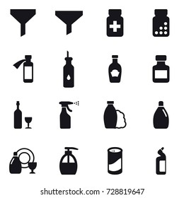 16 vector icon set : funnel, pills bottle, wine, sprayer, shampoo, cleanser, dish cleanser, liquid soap, cleanser powder, toilet cleanser