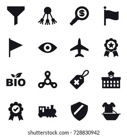 16 vector icon set : funnel, share, dollar magnifier, flag, eye, plane, medal, bio, spinner, university, train, handle washing