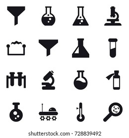 16 vector icon set : funnel, round flask, flask, microscope, electrostatic, thermometer, viruses