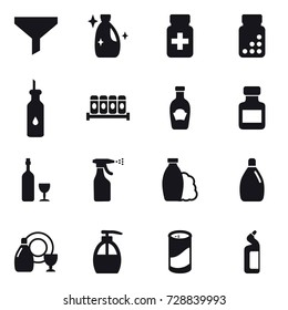 16 vector icon set : funnel, cleanser, pills bottle, wine, sprayer, shampoo, dish cleanser, liquid soap, cleanser powder, toilet cleanser