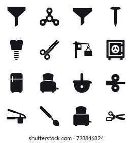 16 vector icon set : funnel, spinner, nail, safe, fridge, toaster, garlic clasp, big spoon, scissors