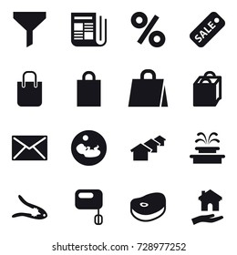 16 vector icon set : funnel, newspaper, percent, sale, shopping bag, mail, houses, fountain, walnut crack, housing