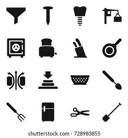 16 vector icon set : funnel, nail, safe, toaster, stands for knives, pan, kolander, big spoon, big fork, scissors, shovel