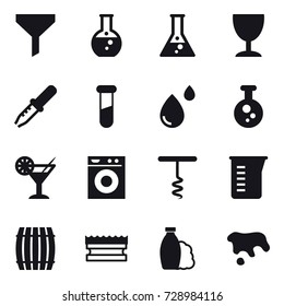 16 vector icon set : funnel, round flask, flask, wineglass, cocktail, washing machine, corkscrew, measuring cup, barrel, sponge, shampoo, spot