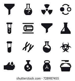 16 vector icon set : funnel, round flask, nuclear, quantum bond, vial, nanotube, fertilizer, washing powder
