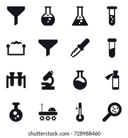 16 vector icon set : funnel, round flask, flask, vial, electrostatic, thermometer, viruses