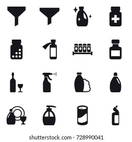 16 vector icon set : funnel, cleanser, pills bottle, wine, sprayer, shampoo, dish cleanser, liquid soap, cleanser powder, toilet cleanser