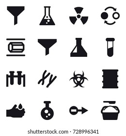 16 vector icon set : funnel, flask, nuclear, quantum bond, nanotube, washing powder