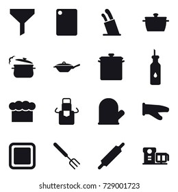 16 vector icon set : funnel, cutting board, stands for knives, pan, steam pan, chef  hat, apron, cook glove, big fork, rolling pin