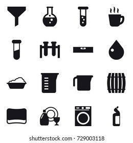 16 vector icon set : funnel, round flask, vial, hot drink, level, drop, washing, measuring cup, barrel, sponge, dish cleanser, washing machine, toilet cleanser