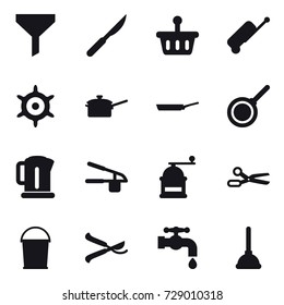 16 vector icon set : funnel, suitcase, handwheel, saute pan, pan, kettle, garlic clasp, hand mill, scissors, bucket, pruner, water tap, plunger