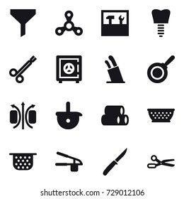 16 vector icon set : funnel, spinner, tools, safe, stands for knives, pan, kolander, colander, garlic clasp, knife, scissors