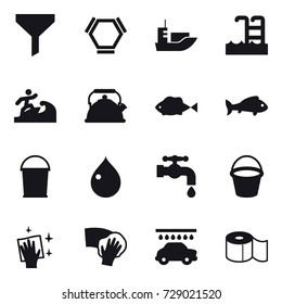 16 vector icon set : funnel, hex molecule, pool, surfer, kettle, fish, bucket, drop, water tap, wiping, car wash, toilet paper