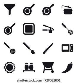 16 vector icon set : funnel, pan, steam pan, cutting board, garlic clasp, whisk, skimmer, big spoon, knife, hot pepper