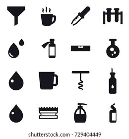 16 vector icon set : funnel, hot drink, level, drop, cup, corkscrew, sponge, liquid soap, toilet cleanser