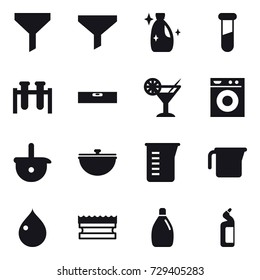 16 vector icon set : funnel, cleanser, level, cocktail, washing machine, cauldron, measuring cup, drop, sponge, toilet cleanser