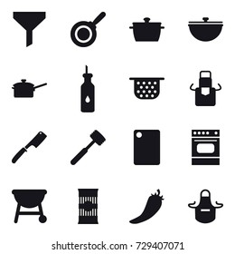 16 vector icon set : funnel, pan, cauldron, saute pan, colander, apron, chef knife, meat hammer, cutting board, hot pepper 16 vector icon set : funnel, pan, cauldron, saute pan, colander, apron, chef knife, meat hammer, cutting board, hot pepper