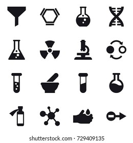 16 vector icon set : funnel, hex molecule, round flask, dna, flask, nuclear, microscope, quantum bond, vial