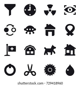 16 vector icon set : funnel, clock, nuclear, eye identity, quantum bond, ufo, home, house, dog, scissors, flower, drop