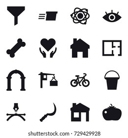 16 vector icon set : funnel, delivery, atom, home, plan, arch, bike, bucket, sickle, house, tomato